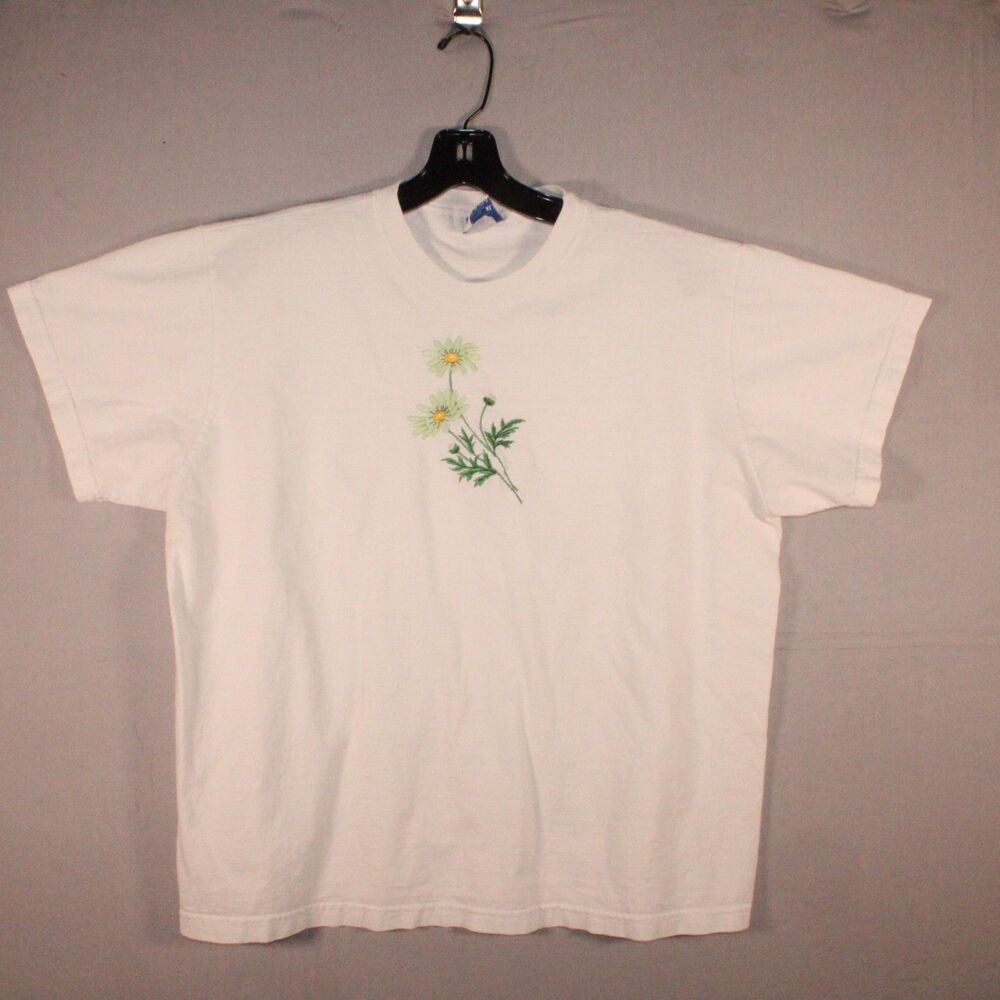 Vintage Gloria USA Daisy Embroidered T-Shirt White XL 50/50 Cotton Polyester